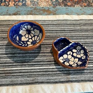 Hand-painted Portuguese Pottery Clay Terracotta  Blue Floral Olive Dish & Bowl